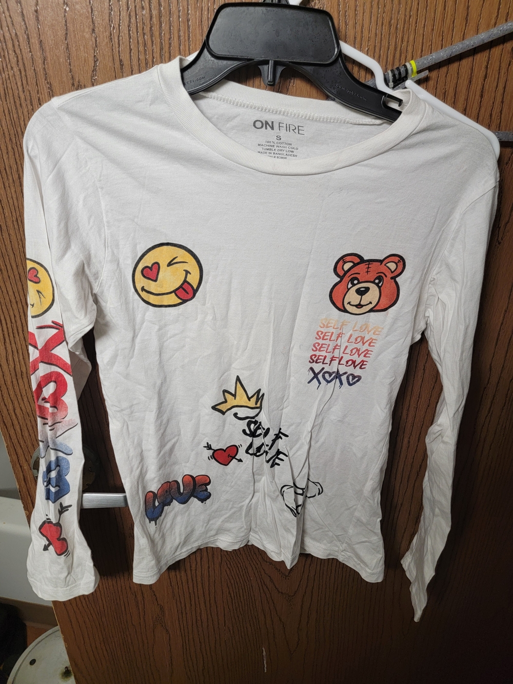 On Fire Womens White Long-Sleeve Graphic Tee - Self Love Print Size Small